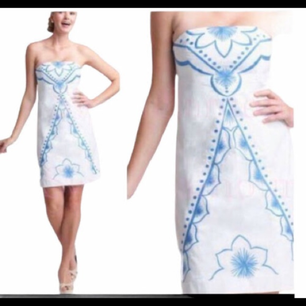 Lilly Pulitzer Womens Bowen Classic White Blue Embroidered Strapless Dress 14.